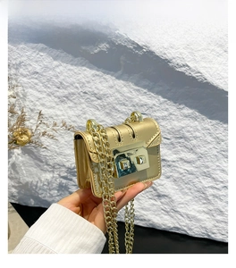 Detailed view of mini gold chain crossbody bag featuring metal buckle and quilted texture