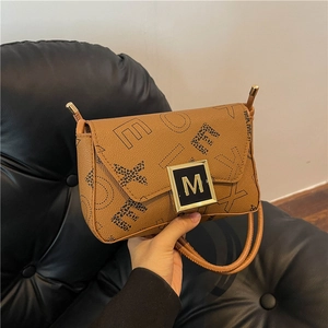 Brown leather crossbody bag with contrast letter print and golden M rotary lock