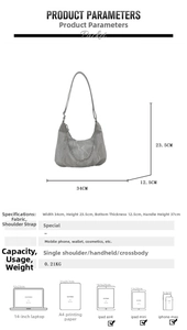 Detailed size guide and capacity chart for gray textured metallic shoulder bag with chain