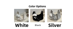 Three versatile shoulder bags in white black and silver with plush cloud charms
