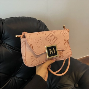 Pink fashion crossbody bag with letter print and gold M buckle on textured leather