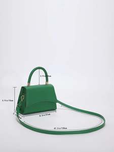 Green crocodile pattern handbag with dimensions 21x15x8cm and woven handle detail