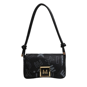 Chic black flap crossbody bag with geometric letter print and gold M logo buckle