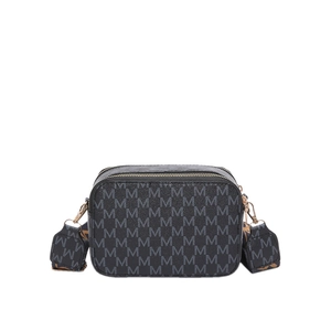 Classic black camera bag with M-letter print and adjustable wide shoulder strap