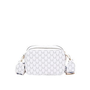 White monogram crossbody bag with grey letter prints and wide woven strap
