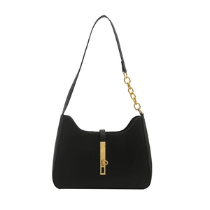 Chic black underarm bag with gold metal buckle and leather-chain shoulder strap