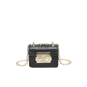 Mini black leather crossbody chain bag with a classic gold square lock for daily commute