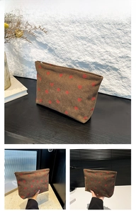Detail of brown corduroy shoulder bag with strawberry print showing fabric texture