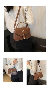 Detailed views of brown vintage crossbody bag with golden horseshoe buckle and textured leather