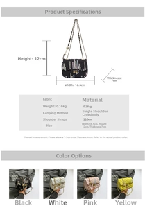 Quilted fabric crossbody bag dimensions chart 16.5x12x7cm with chain strap details
