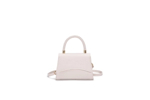 Chic cream crocodile pattern square handbag with woven circular handle and gold hardware