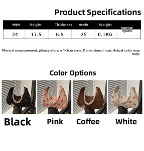 Size specifications and four color variants of strawberry corduroy pearl handle bags