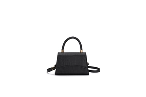 Classic black crocodile pattern square handbag with woven handle and gold hardware detail