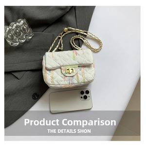Detail of white quilted handbag with colorful stripes, gold chain, and metal turn-lock