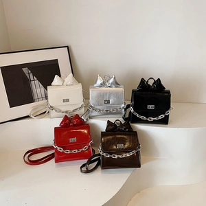Women Mini Backpack Glossy PU Leather With Bowtie And Silver Chain Decor Fashion Sweet Small Travel Bookbag For Girls