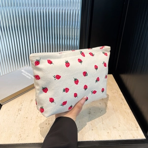 Stylish corduroy strawberry print tote bag with large capacity for daily commute