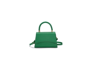 Green crocodile embossed leather handbag with golden hardware and top handle for women