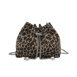 Fashionable leopard print canvas bucket bag with silver chain and pearl drawstring details