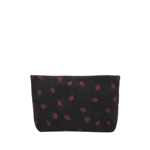 Minimalist black corduroy tote bag featuring red strawberry patterns and spacious design