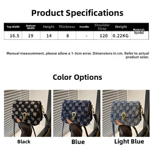 Spécifications de taille pour petits sacs en denim à chaîne en noir, bleu et bleu clair