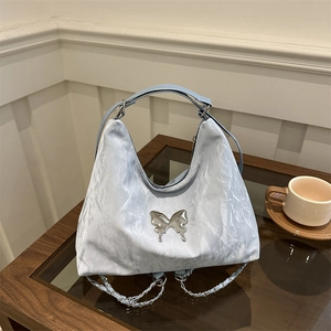 Women Butterfly Decoration Pleated PU Tote Bag Multi-Functional Shoulder Bag Y2K Fashion Crossbody Handbag For Daily Commuting
