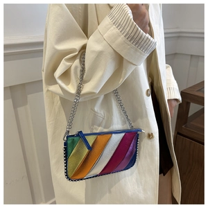 Detail of colorful rainbow sequin crossbody bag with silver chain and bead trim