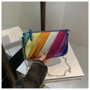 Detail of colorful rainbow striped crossbody bag with silver bead trim and metallic finish