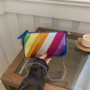 Rainbow Striped Metallic PU Leather Crossbody Bag Chain Strap Rivet Decor Fashion Shoulder Bag For Women