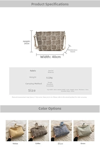 Detailed size chart for large plaid canvas tote bags in yellow, coffee, blue, and green