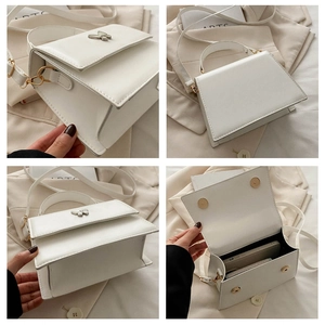 Detailed views of a white square bag showing silver butterfly buckle and interior space