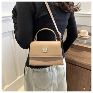 Elegant khaki PU leather crossbody square bag with white butterfly metal ornament
