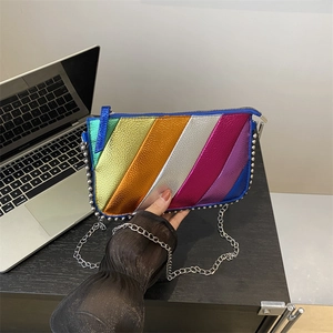 Rainbow striped chain bag with metallic lychee grain faux leather and silver studs