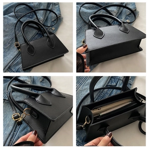 Detailed four-view of black pebbled leather handbag with gold buckles and inner zip compartment