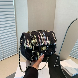 Women Quilted Fabric Chain Shoulder Bag Colorful Embroidery Small Square Crossbody Bag With Adjustable Metal Ball Gold
