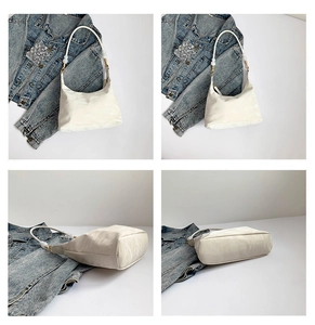 Detailed views of an off-white baguette bag with elegant beaded strap and soft texture