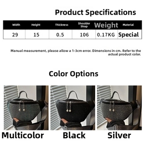 Detailed size chart for rhinestone waist bag with dimensions 29x15cm and strap length 106cm