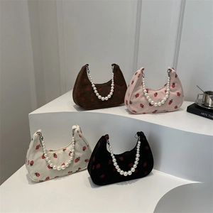 Women Cute Strawberry Print Corduroy Hobo Bag With Artificial Pearl Handle Sweet Underarm Shoulder Bag Half Moon Shape Handbag
