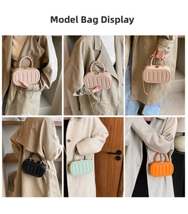 Vertical quilted small box handbag shown on models in beige, black, green and orange