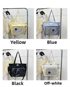 Collage of four large capacity canvas tote bags in yellow, blue, black, and beige colors