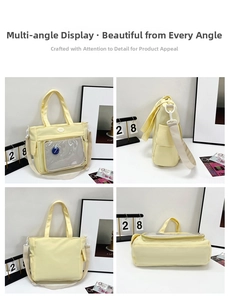 Multiple views showing yellow nylon tote bag structure with transparent PVC front pocket