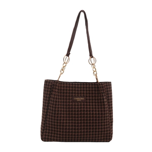 Classic houndstooth tote bag with brown leather straps and gold metal chain accents
