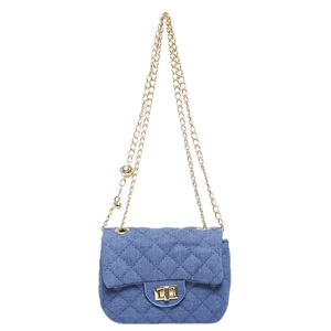 Blaue Denim-Umhängetasche mit Rautensteppung und goldener Kettenriemen