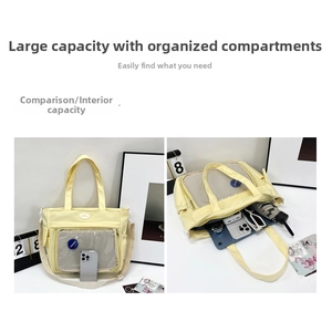 Large capacity yellow canvas tote bag showing interior space for iPad and essentials
