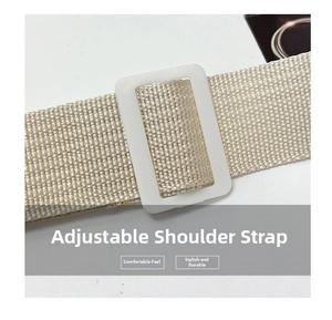 Close-up of cream white woven strap with adjustable plastic buckle for crossbody bag
