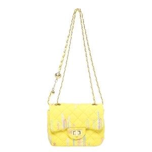 Quilted yellow shoulder bag with rainbow textures and golden chain strap for women