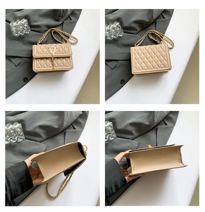 Detailed multi-angle views of beige quilted crossbody bag with gold V-shaped metal clasp