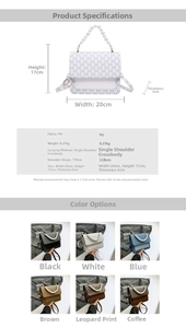 Detailed size chart and specifications for small square PU bag with pearl handle