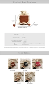 Detail of PU leather bucket bag showing pearl handle, texture, and size specifications