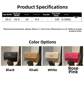 Detailed size chart and four-color display of the bow-knot crossbody chain bag