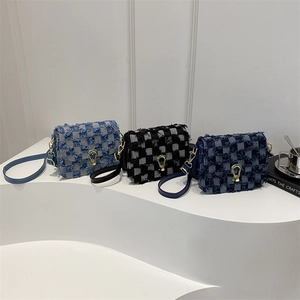 Sac Bandoulière Denim À Damier Franges Vintage Sac À Épaule Pour Femmes Mode Streetwear Fermoir Métallique